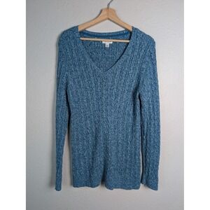 Croft & Barrow Sweater Womens Medium Blue 100% Cotton V Neck Cable Knit Pullover